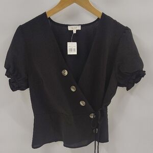 Love J Black Wrap Blouse With Button Detail Size Large Puff Short Sleeve